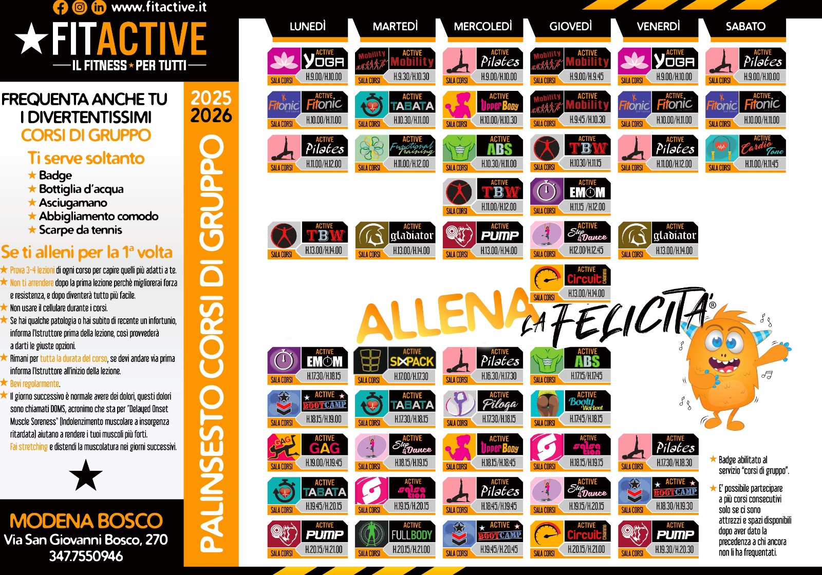 Palinsesto orari corsi FitActive Scopri il palinsesto dei nostri corsi