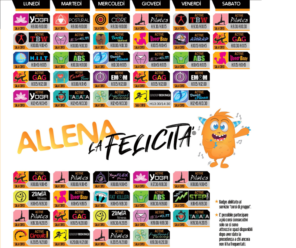 Palinsesto orari corsi FitActive Scopri il palinsesto dei nostri corsi